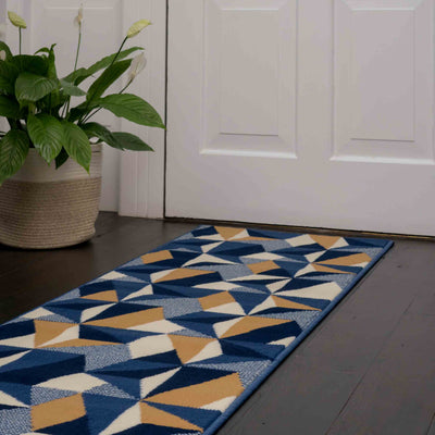 Blue Grey Modern Geometric Runner Rug