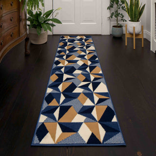 Blue Grey Modern Geometric Runner Rug