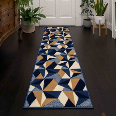 Blue Grey Modern Geometric Runner Rug