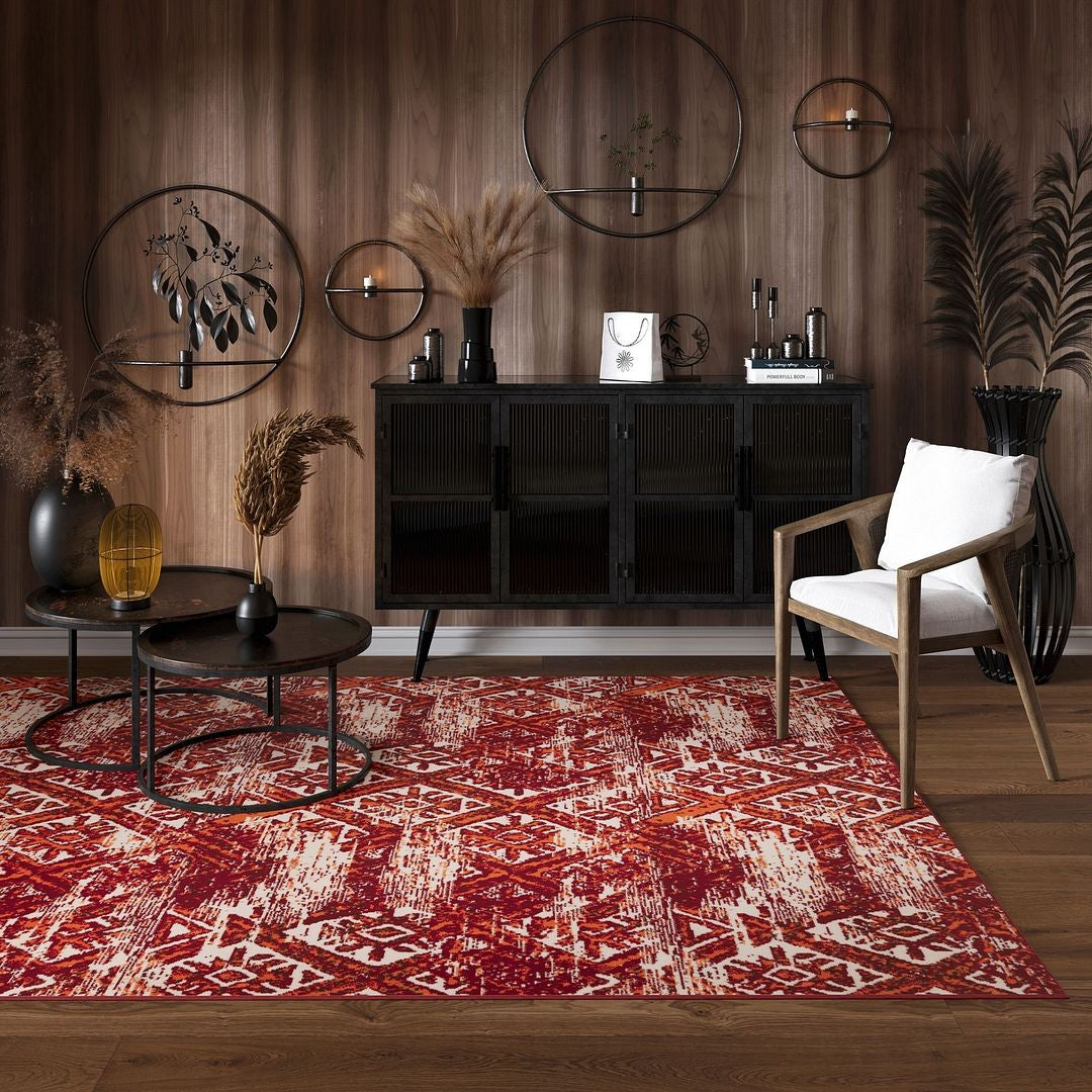 Red Orange Patterned Living Room Rug