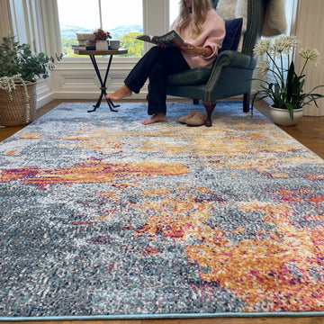 Gold Blue Distressed Living Room Rug - Mia