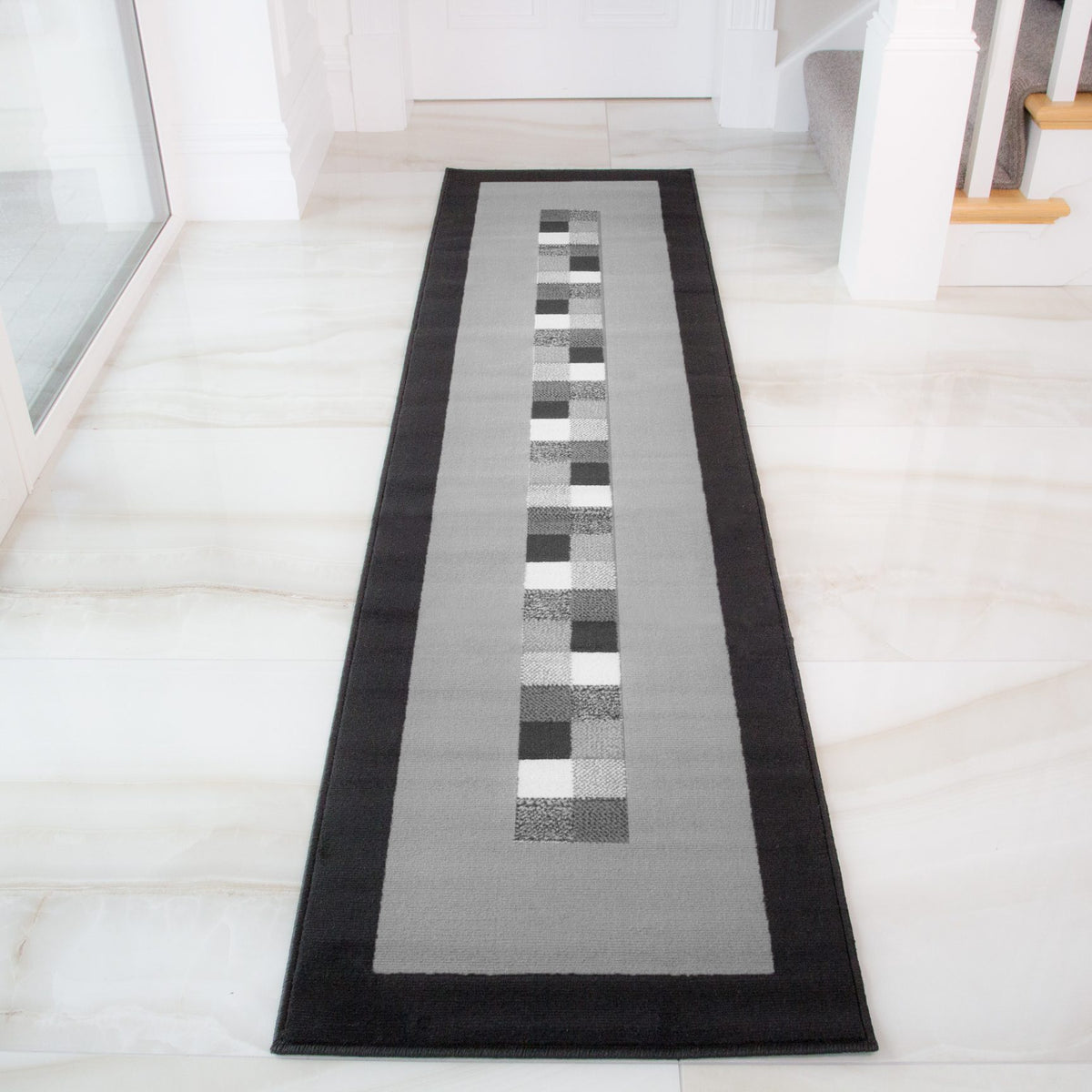 Geometric Bordered Black and Grey Runner Rug