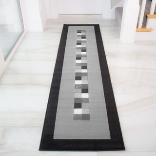 Geometric Bordered Black and Grey Runner Rug