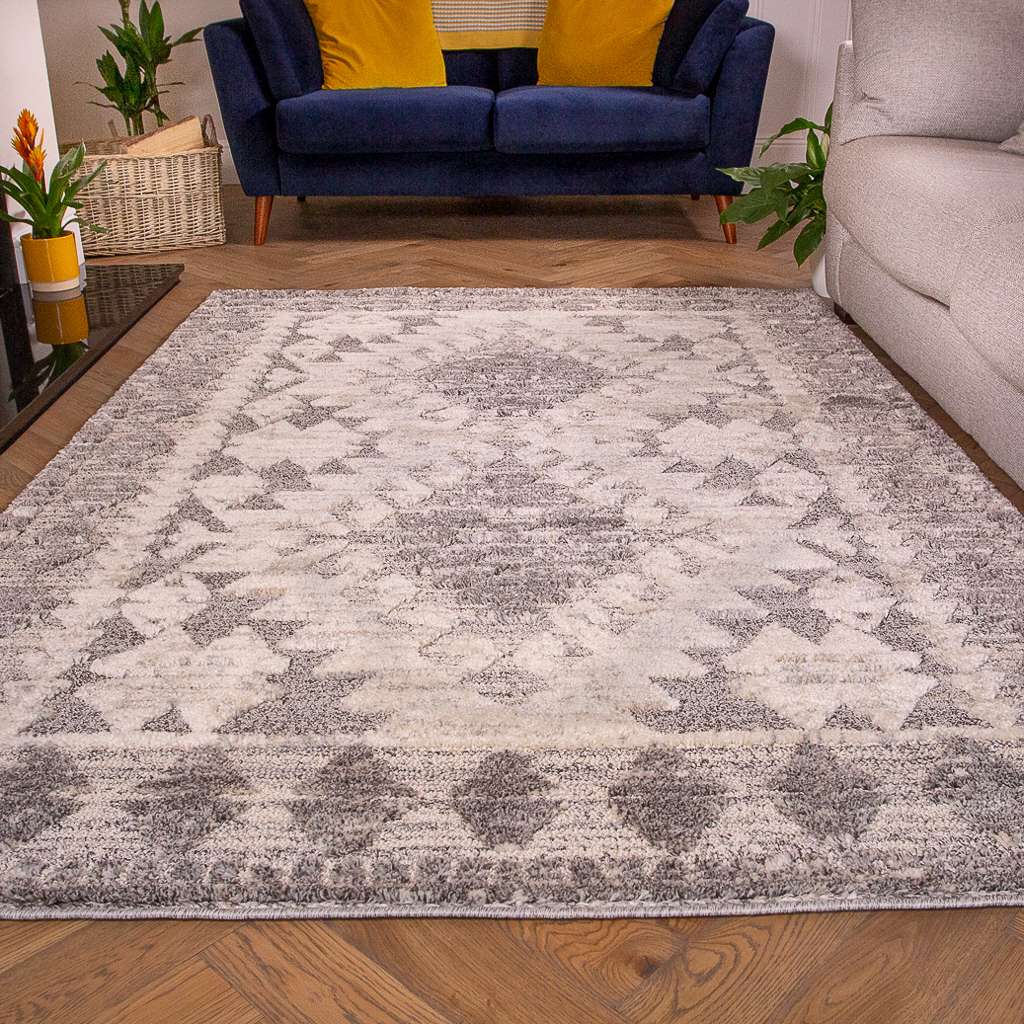 Grey White Textured Tribal Runner Rug