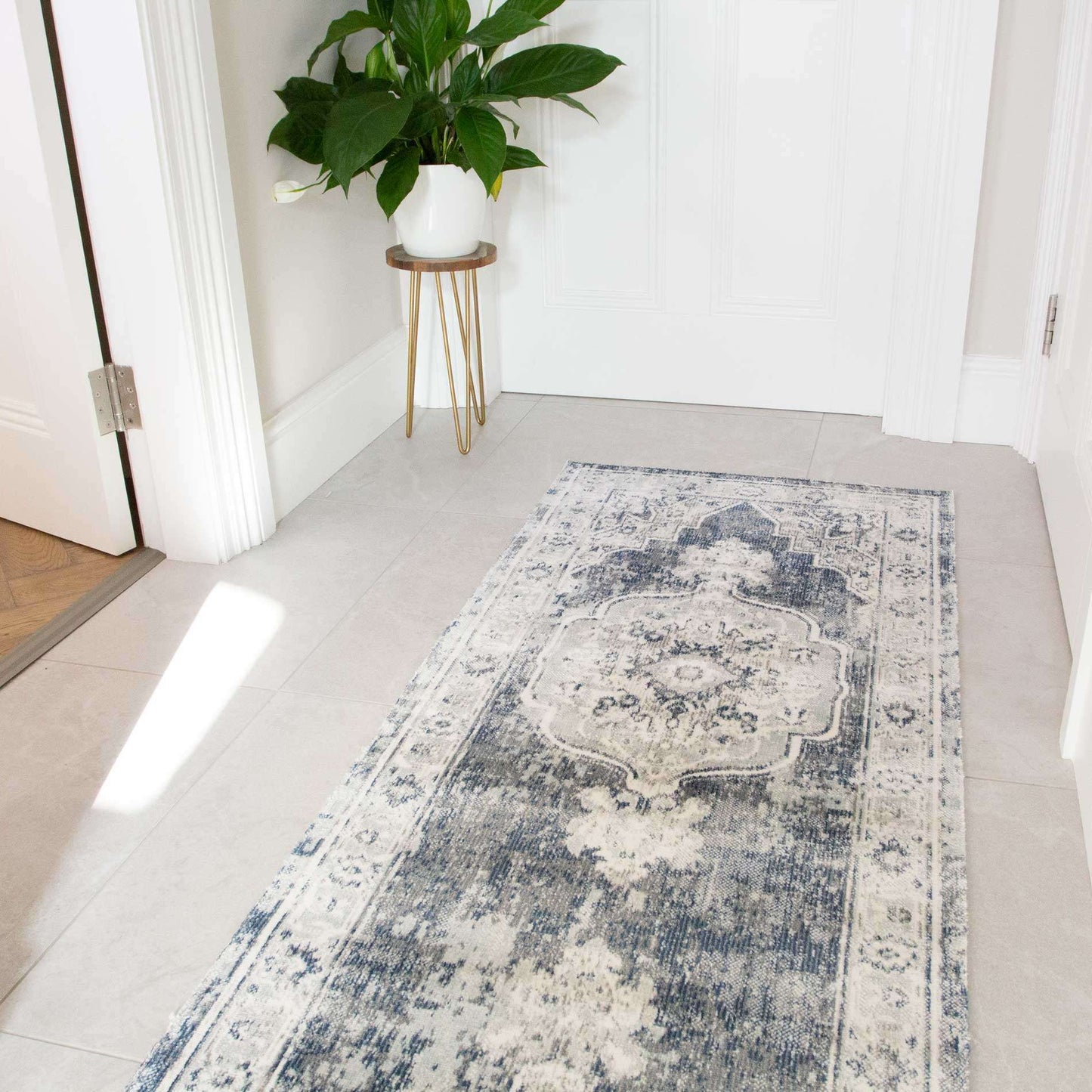 Blue Traditional Distressed Flat Low Pile Hall Runner Rug