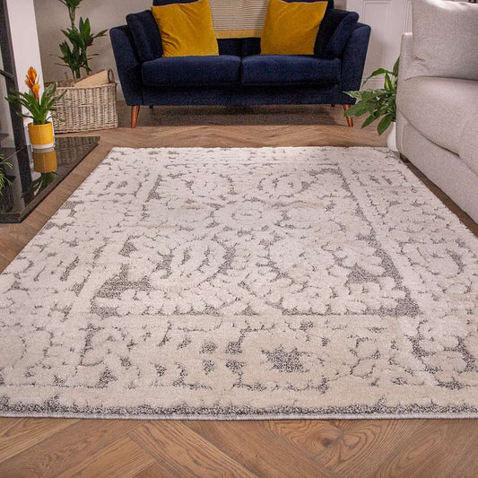 Grey White Textured Damask Scandi Rug