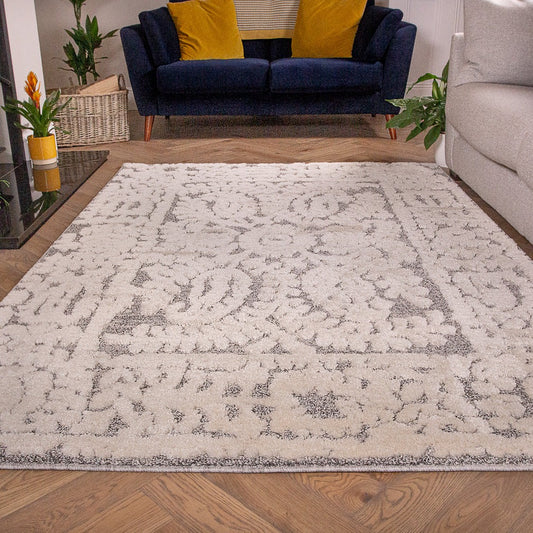 Grey White Textured Floral Rug