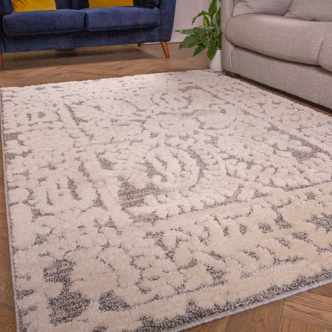 Grey White Textured Floral Rug