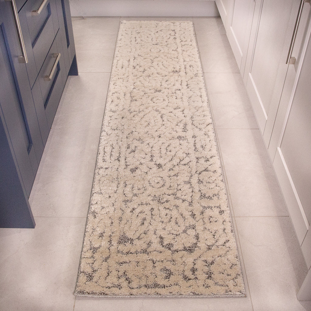 Grey White Textured Floral Rug