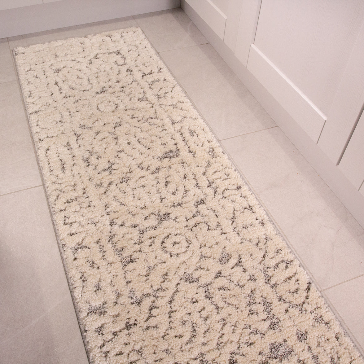 Grey White Textured Floral Rug
