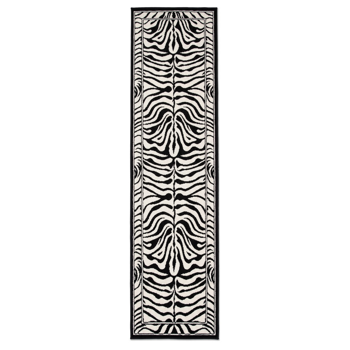 A long rectangular area rug with a bold black and off-white zebra stripe pattern, framed by a thin black border, shown against a plain white background.