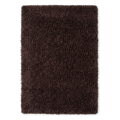 A rectangular dark brown shag rug with a thick, plush pile texture, shown flat against a solid white background.