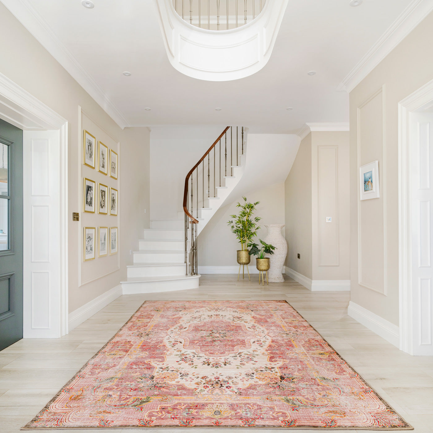 Staircase with a decorative rug in a home interior