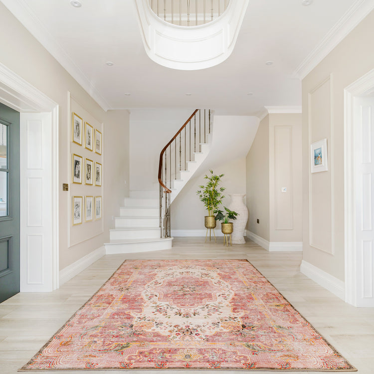Staircase with a decorative rug in a home interior