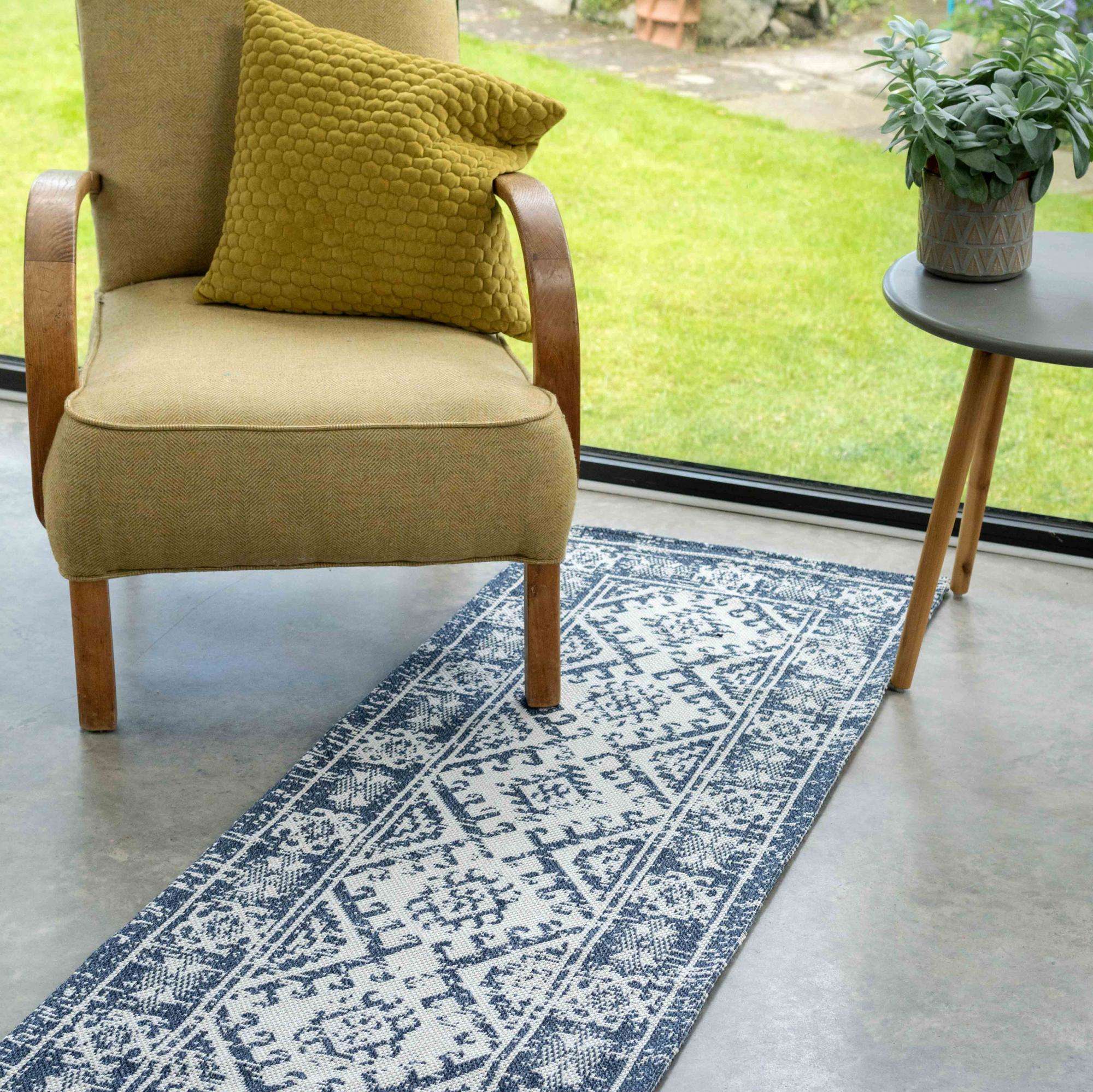 Distressed Vintage Blue Woven Sustainable Recycled Cotton Rug Living