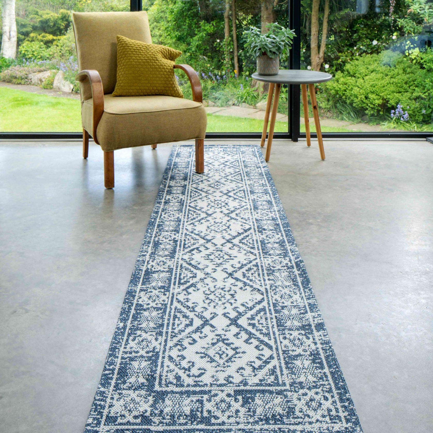 Distressed Vintage Blue Woven Sustainable Recycled Cotton Rug Living