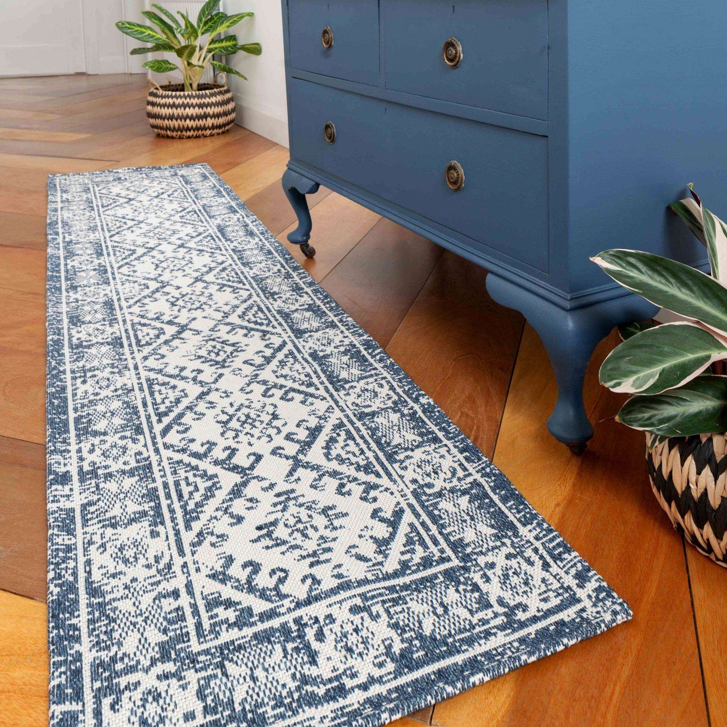 Distressed Vintage Blue Woven Sustainable Cotton Runner Rug