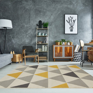 Large Yellow Grey Geometric Triangle Rug