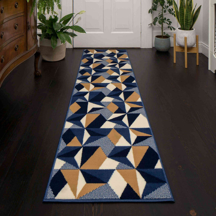 Blue Grey Modern Geometric Hall Runner Rugs