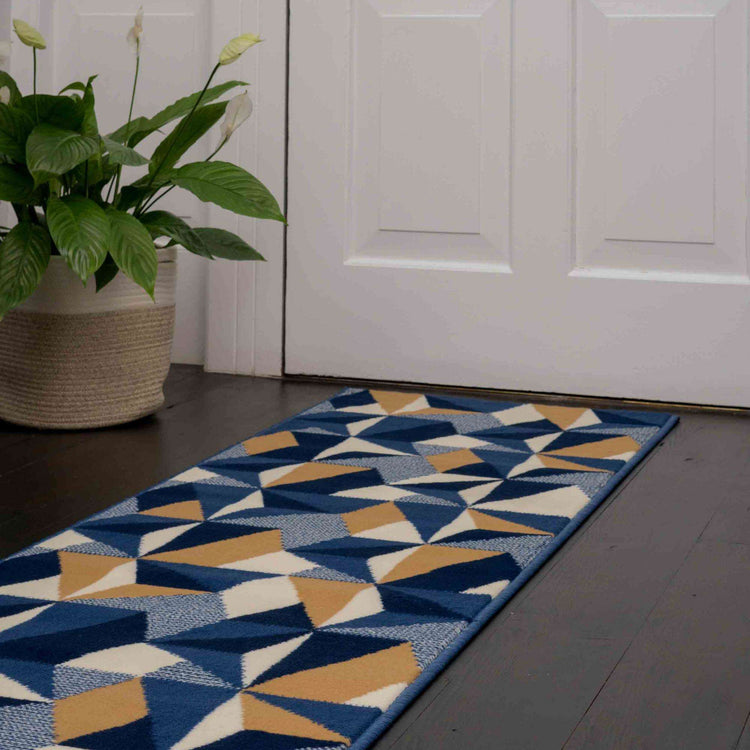 Blue Grey Modern Geometric Hall Runner Rugs