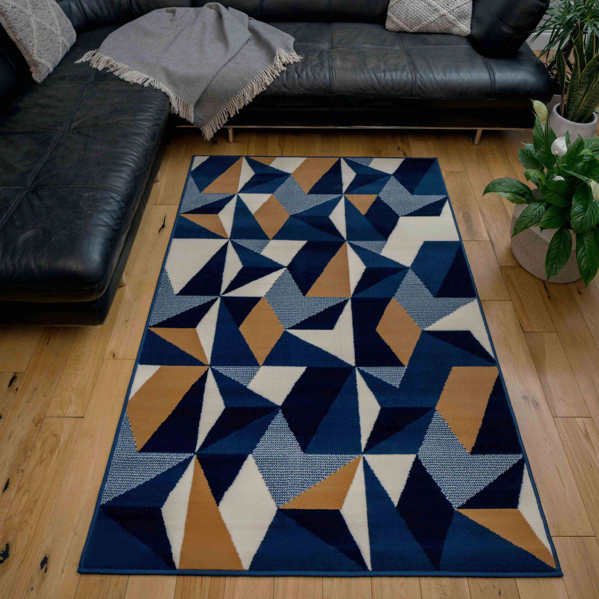 Blue Grey Modern Geometric Hall Runner Rugs