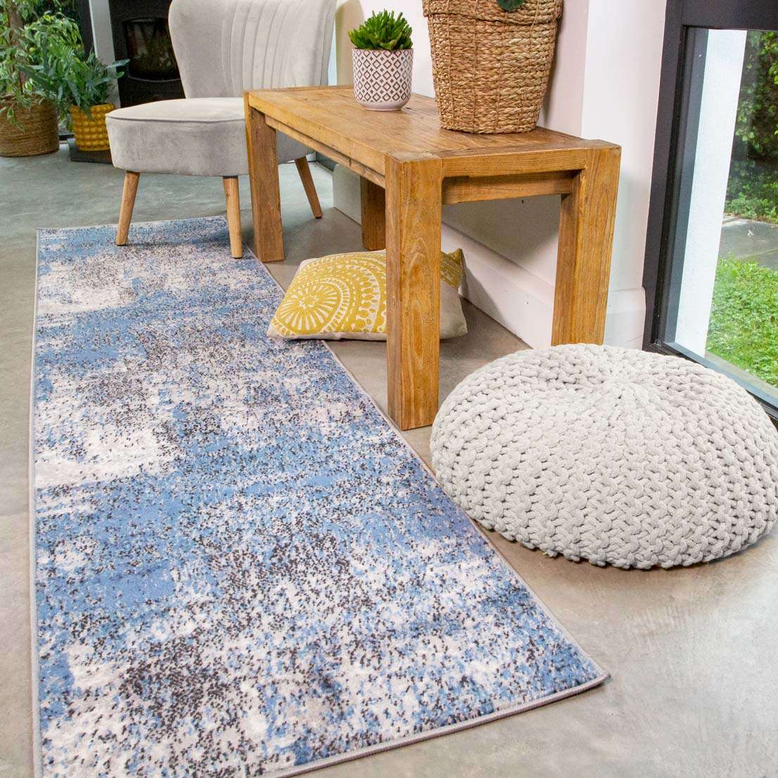 Modern Blue Abstract Distressed Runner Rug