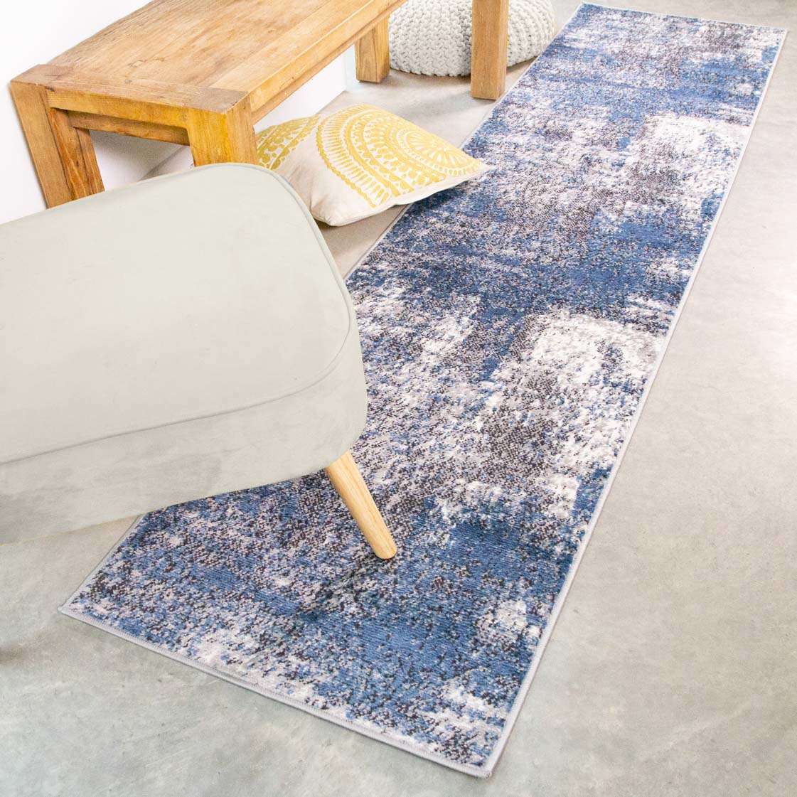 Modern Blue Abstract Distressed Runner Rug