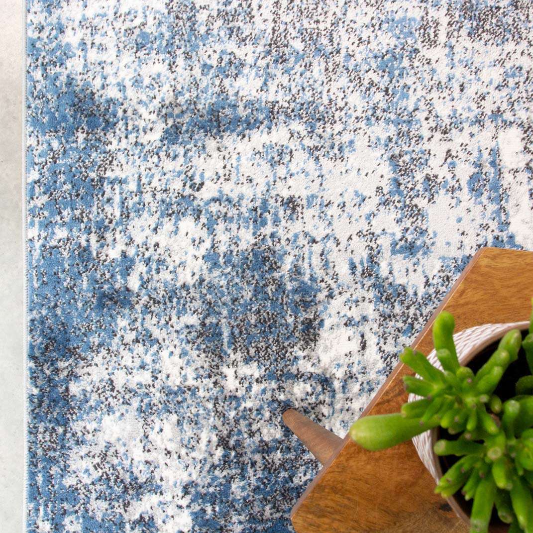 Modern Blue Abstract Distressed Runner Rug