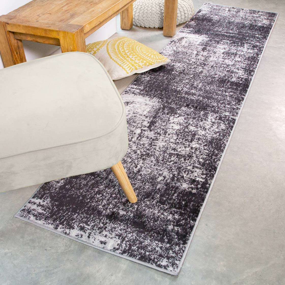 Modern Black Abstract Distressed Runner Rug