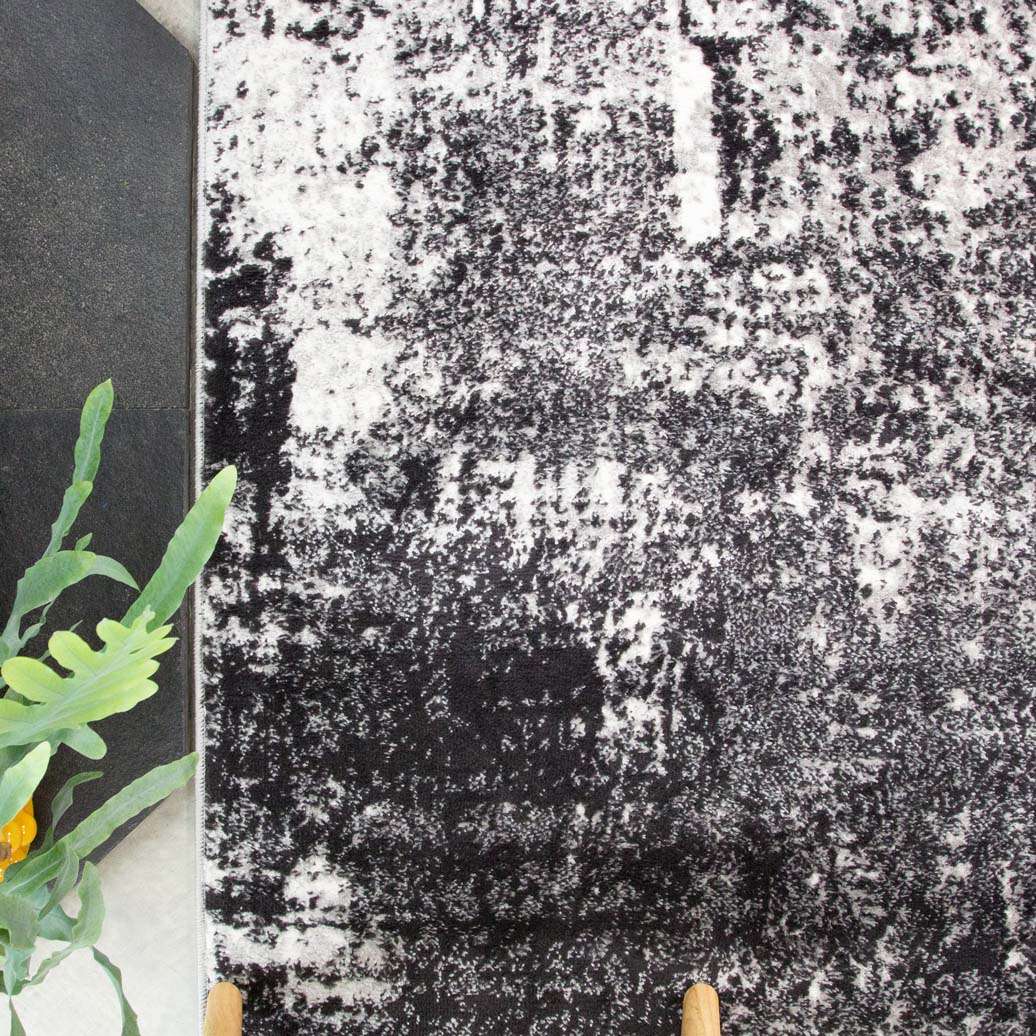 Modern Black Abstract Distressed Runner Rug