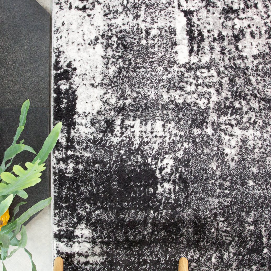 Modern Black Abstract Distressed Living Room Rug