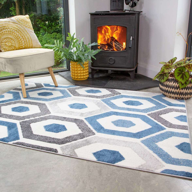 Blue Geometric Honeycomb Living Room Rug