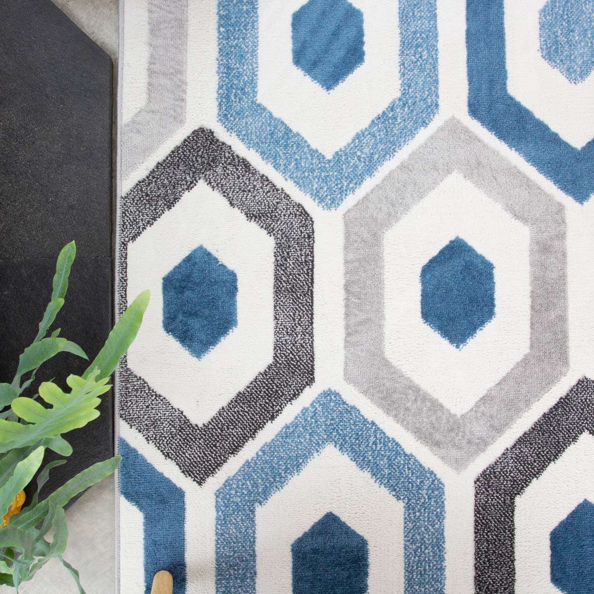 Blue Geometric Honeycomb Living Room Rug