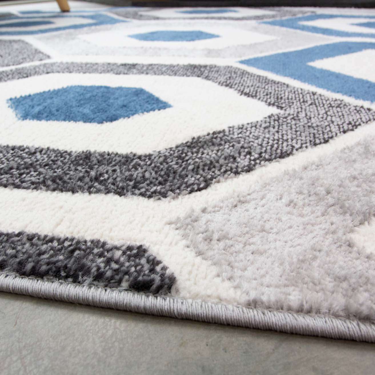 Blue Geometric Honeycomb Living Room Rug
