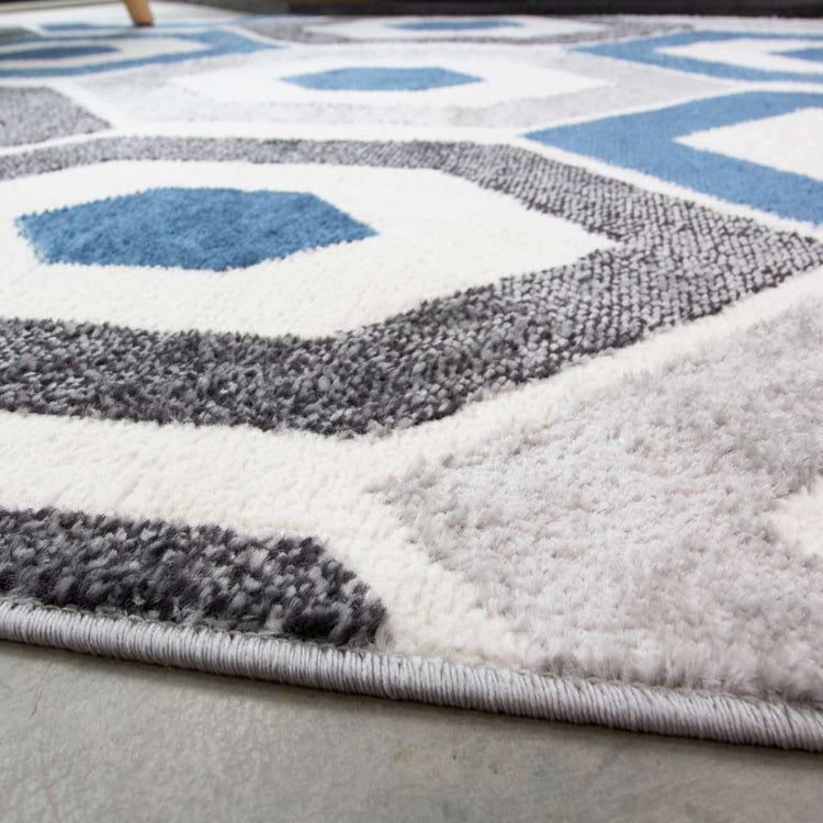 Blue Geometric Honeycomb Living Room Rug