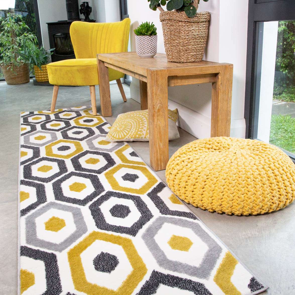 Yellow Geometric Honeycomb Living Room Rug