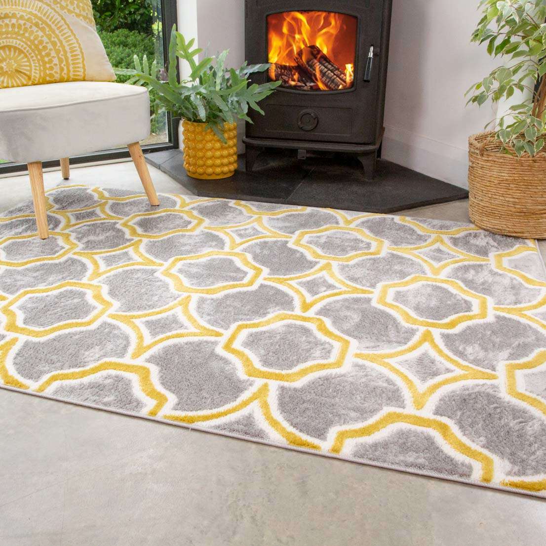 Modern Grey Ochre Trellis Living Room Rug