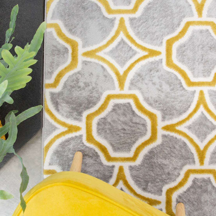 Modern Grey Ochre Trellis Living Room Rug