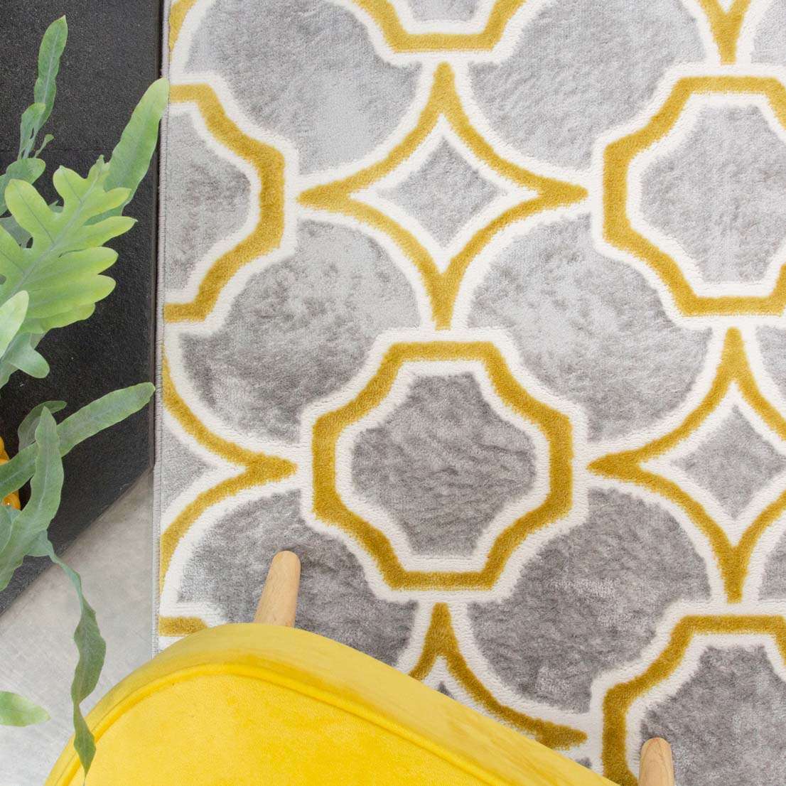 Modern Grey Ochre Trellis Living Room Rug