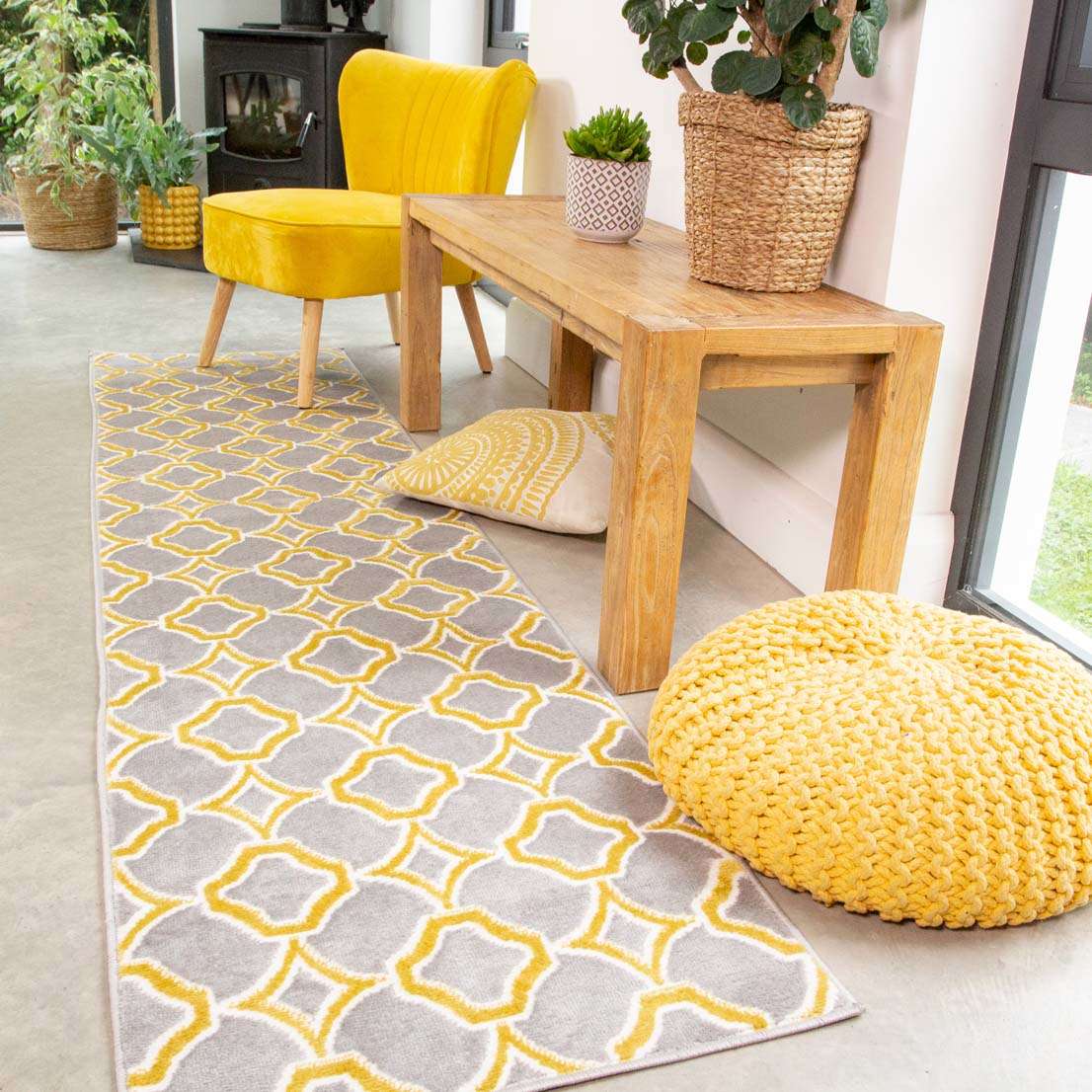 Modern Grey Ochre Trellis Living Room Rug