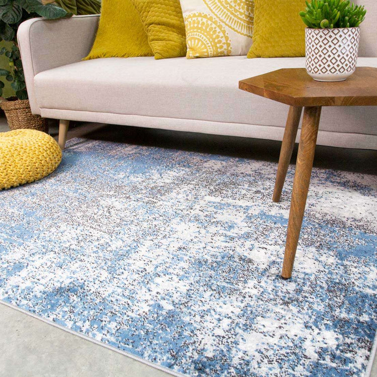 Modern Blue Abstract Distressed Living Room Rug
