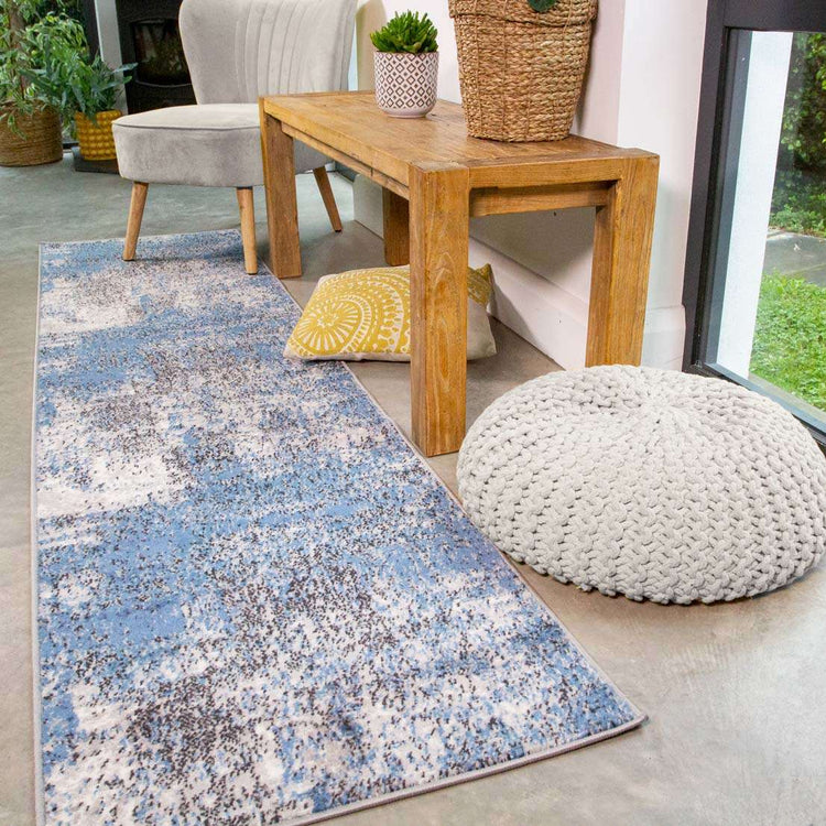 Modern Blue Abstract Distressed Living Room Rug