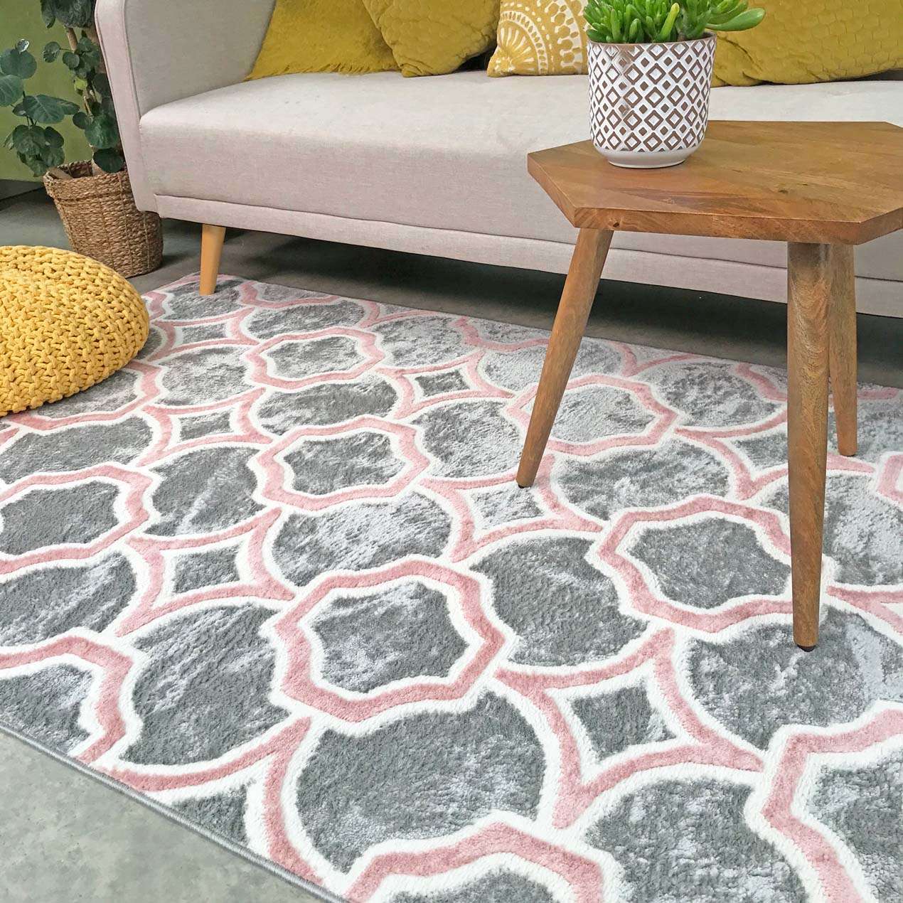 Modern Grey Blush Trellis Living Room Rug