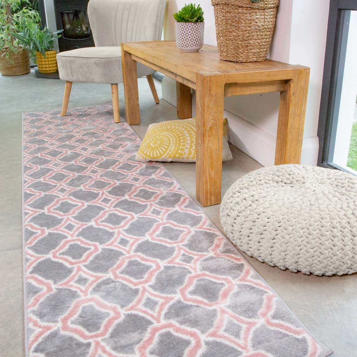 Modern Grey Blush Trellis Living Room Rug