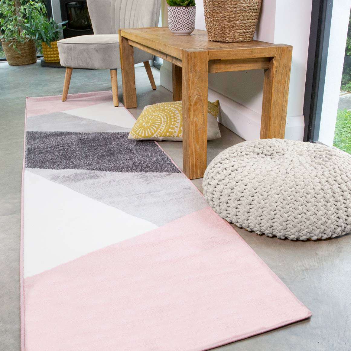 Pink Abstract Geometric Living Room Rug
