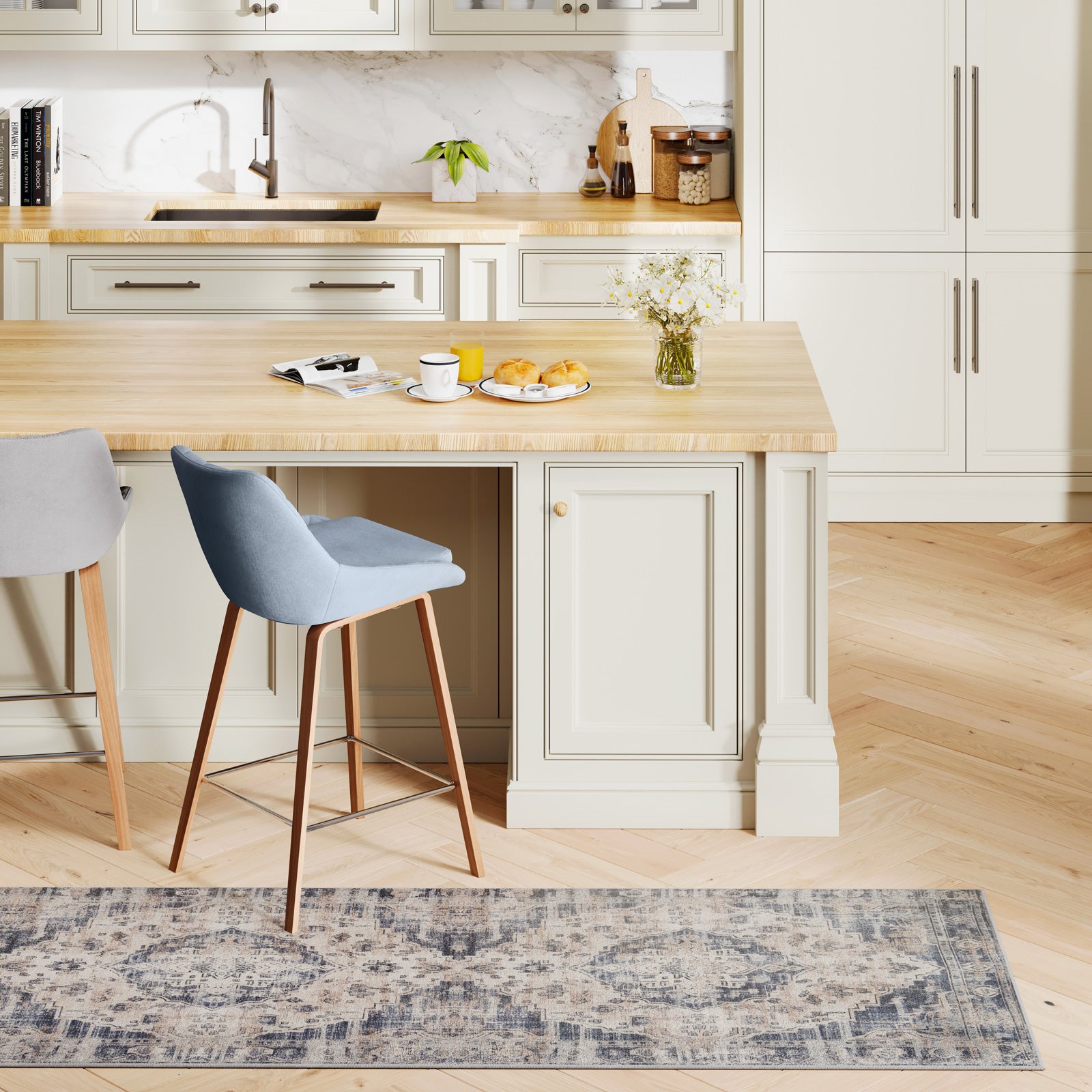 Washable Blue Traditional Runner - Kith