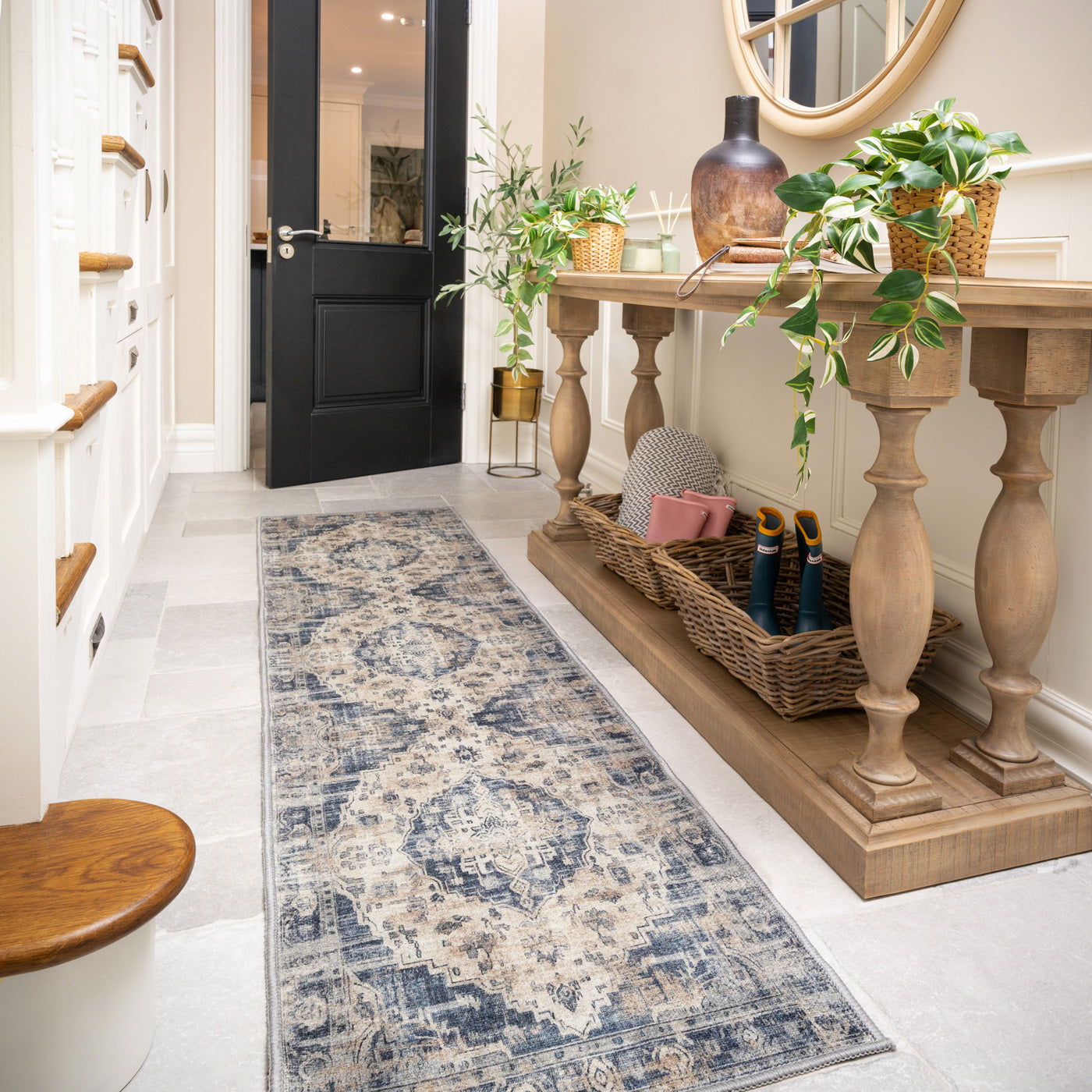 Washable Blue Traditional Runner - Kith