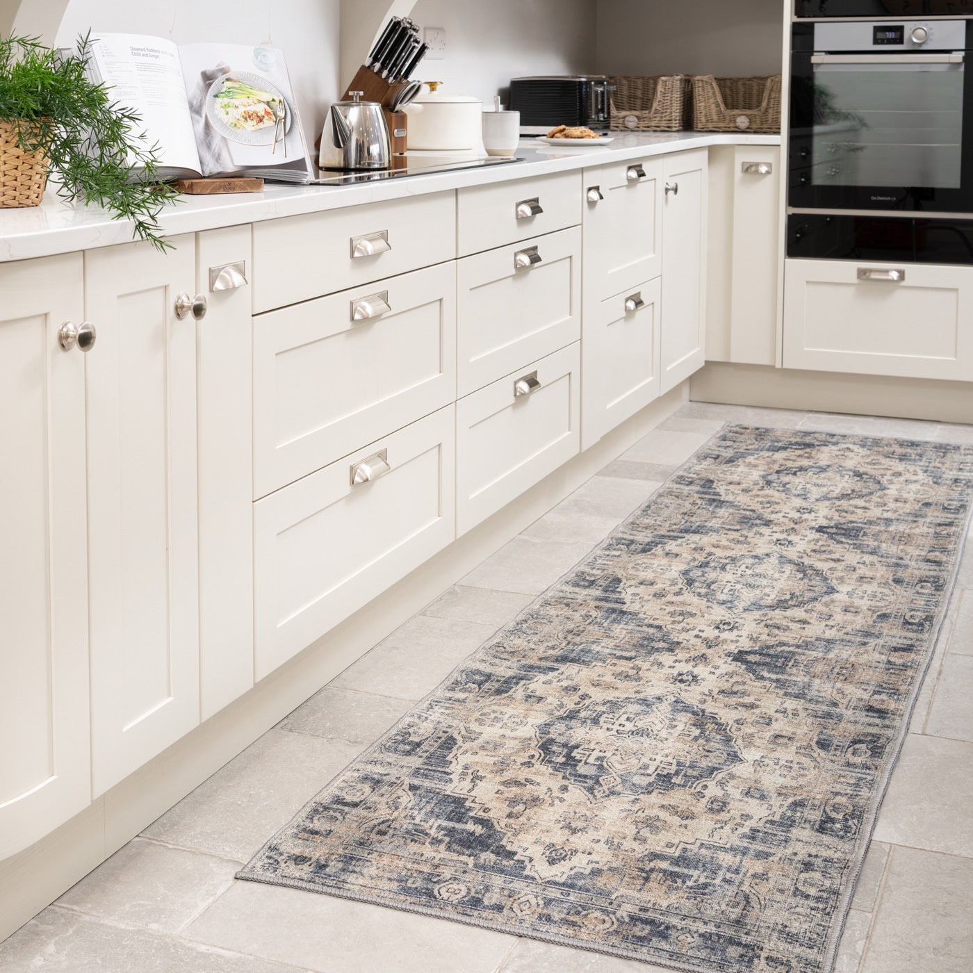 Washable Blue Traditional Runner - Kith