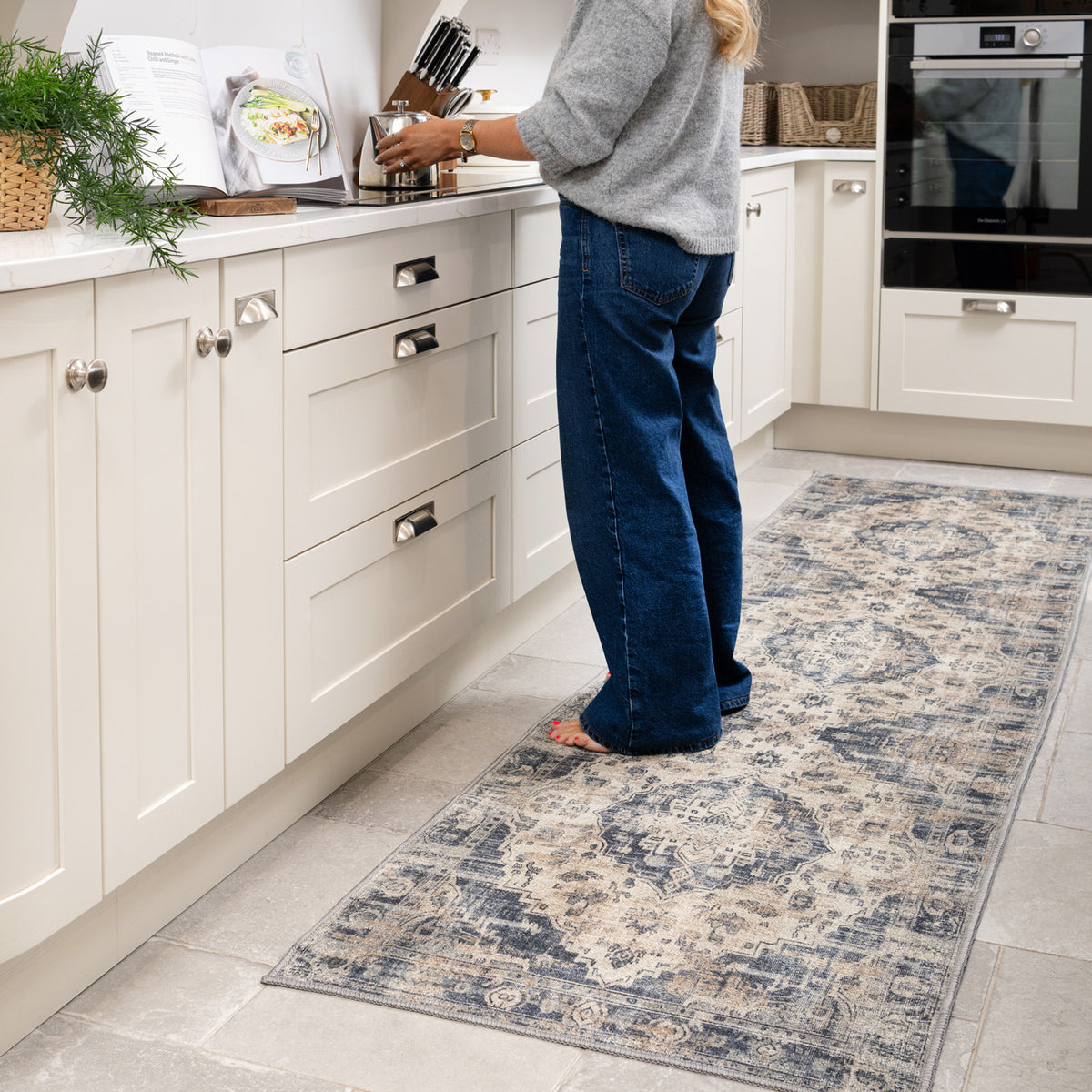 Washable Blue Traditional Runner - Kith