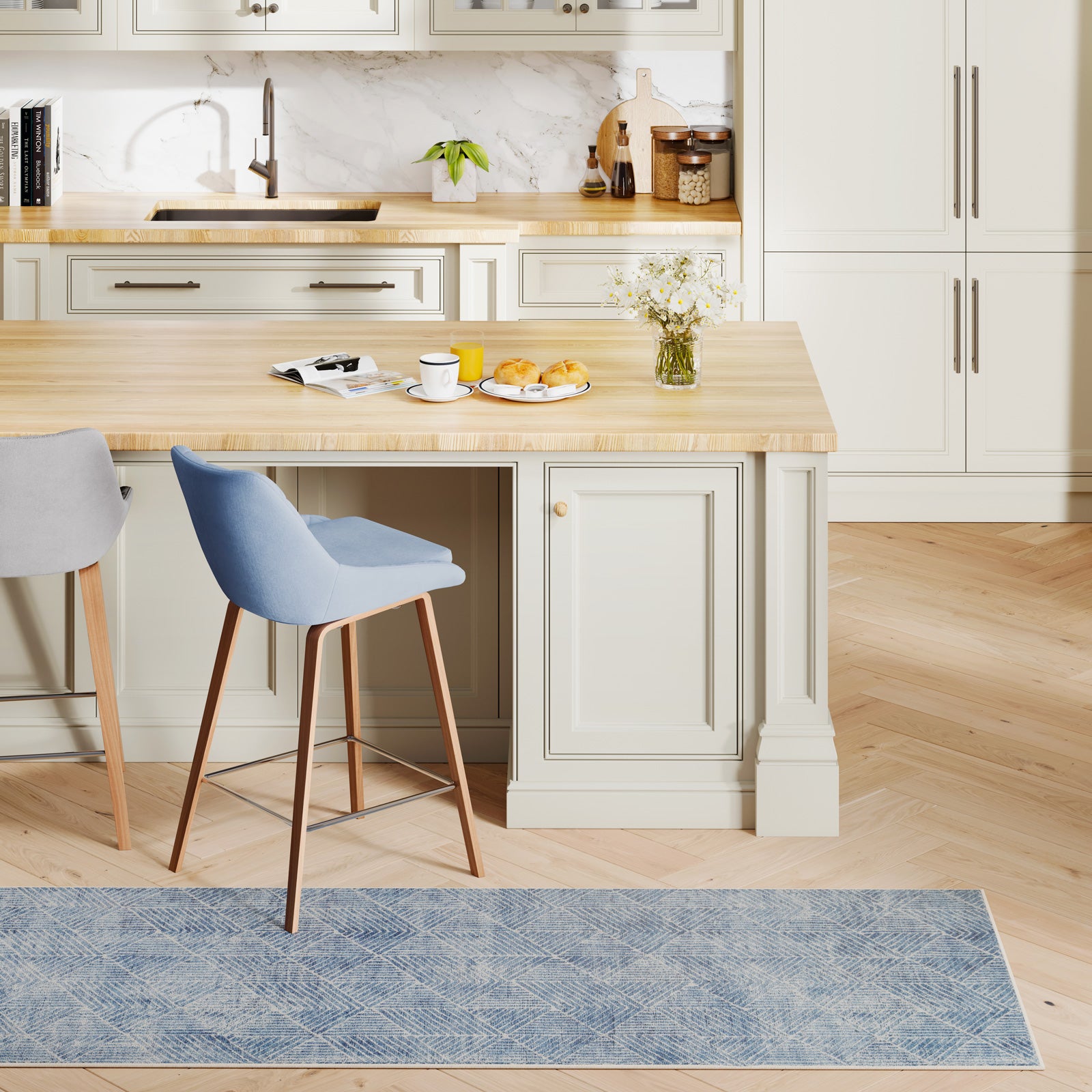 Washable Blue Geometric Runner - Plato